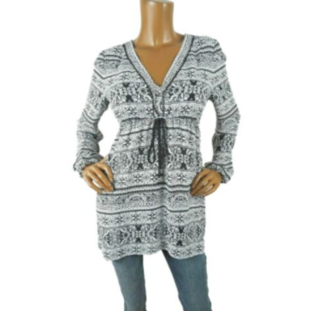 WHITE HOUSE BLACK MARKKET Top M Casual Print Tunic Shirt Drawstring Tie Blouse - Picture 1 of 12